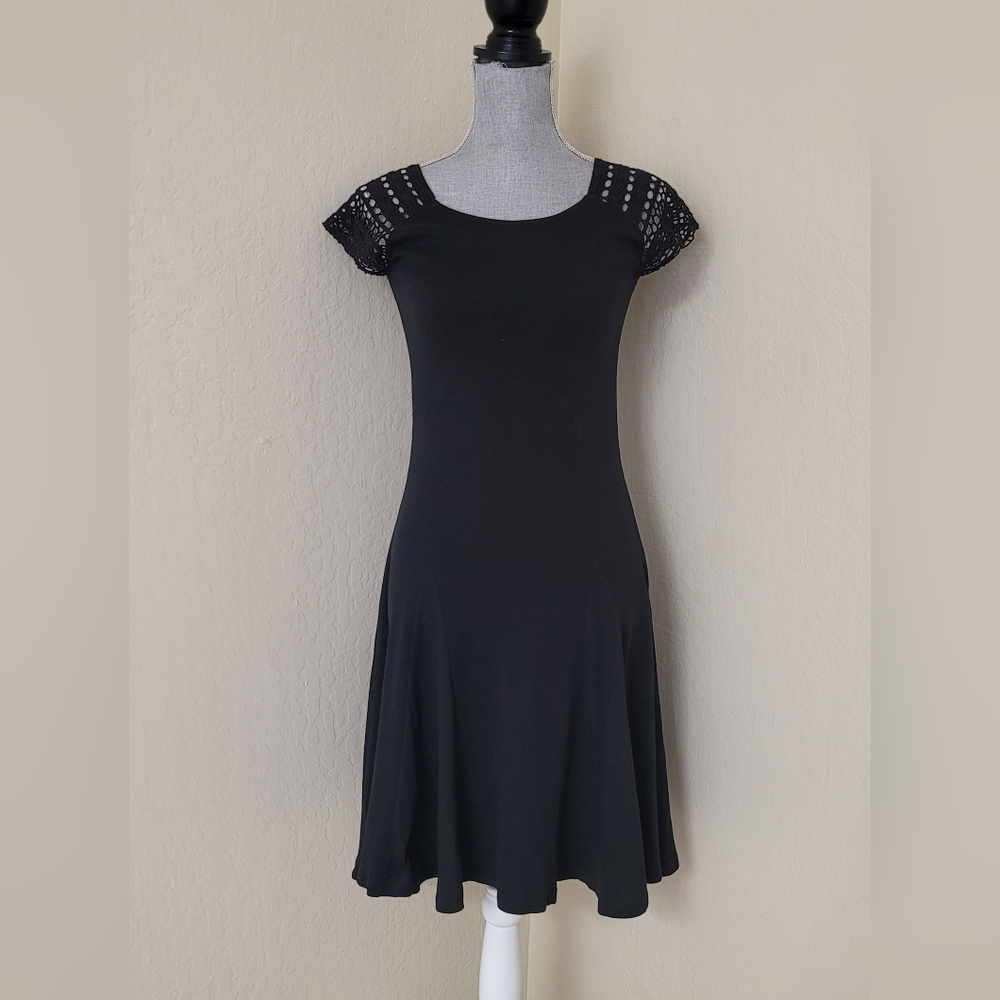 Lauren Ralph Lauren Black Crochet Cap Sleeve A Line Midi Dress Size XS